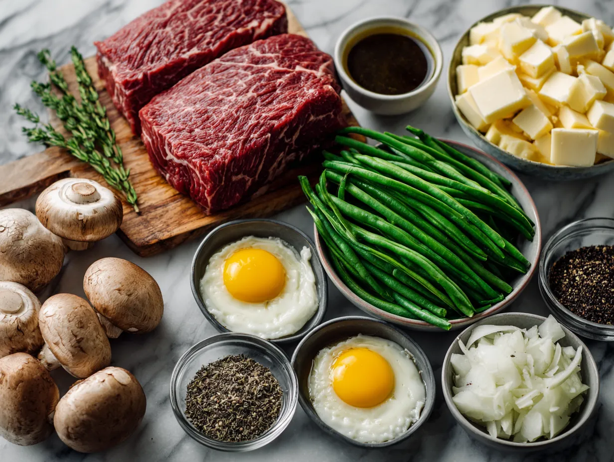 Ingredients arranged for Beef and Green Bean Skillet