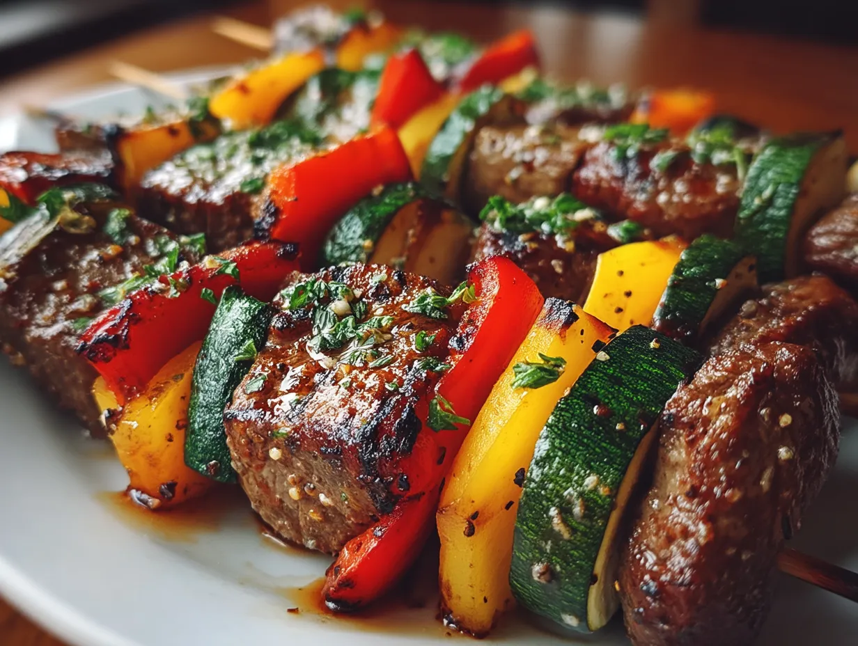 Serving platter of Beef Kabobs with Bell Peppers and Zucchini