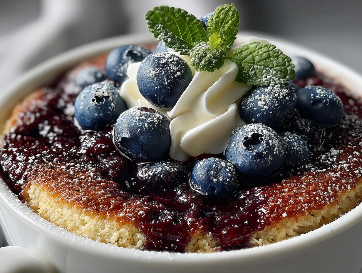 Blueberry Protein Mug Cake served with fresh fruit and yogurt on a table