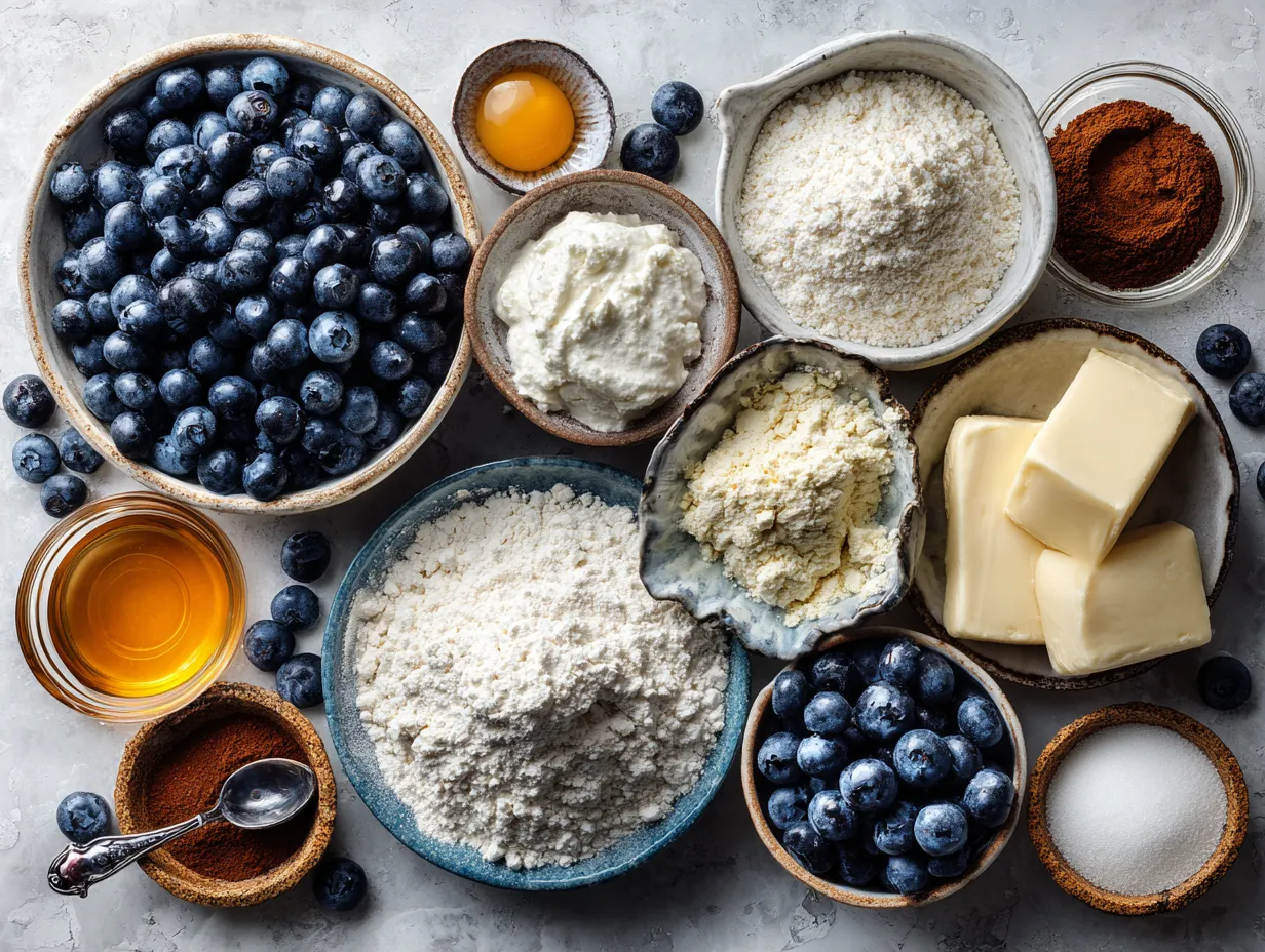 Ingredients for Blueberry Protein Mug Cake laid out on a table with oats, blueberries, and yogurt