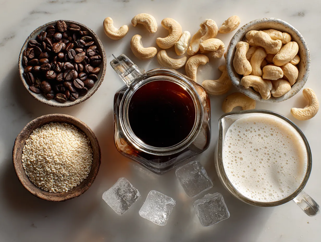 Ingredients for Cold Brew Coffee with Cashew Milk including coffee beans and cashews