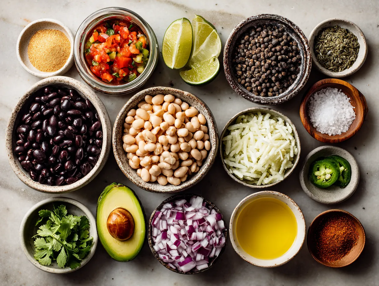 Ingredients for Cowboy Caviar High Protein Bean Dip neatly arranged in bowls and measuring cups