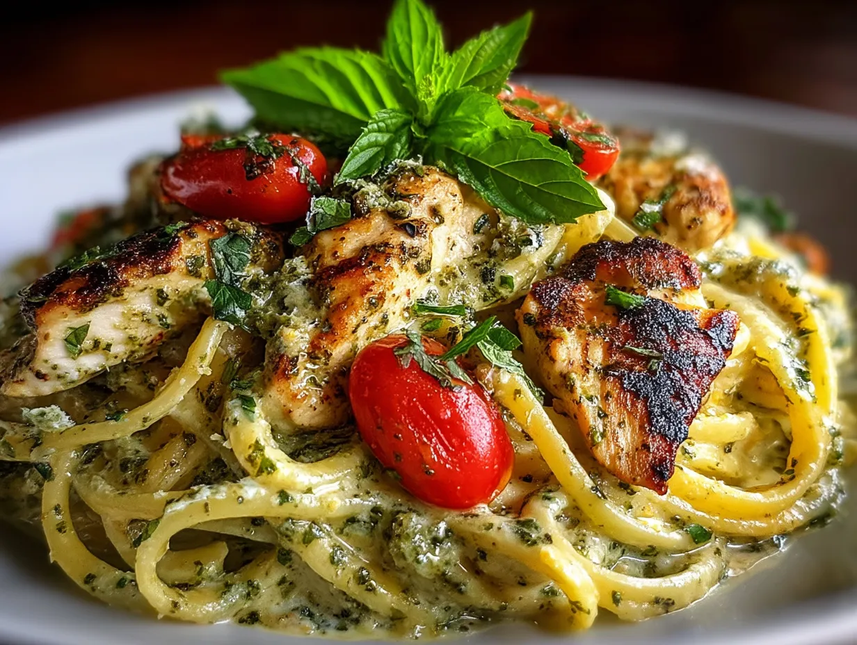 Serving creamy summer pesto chicken pasta with a fresh garnish
