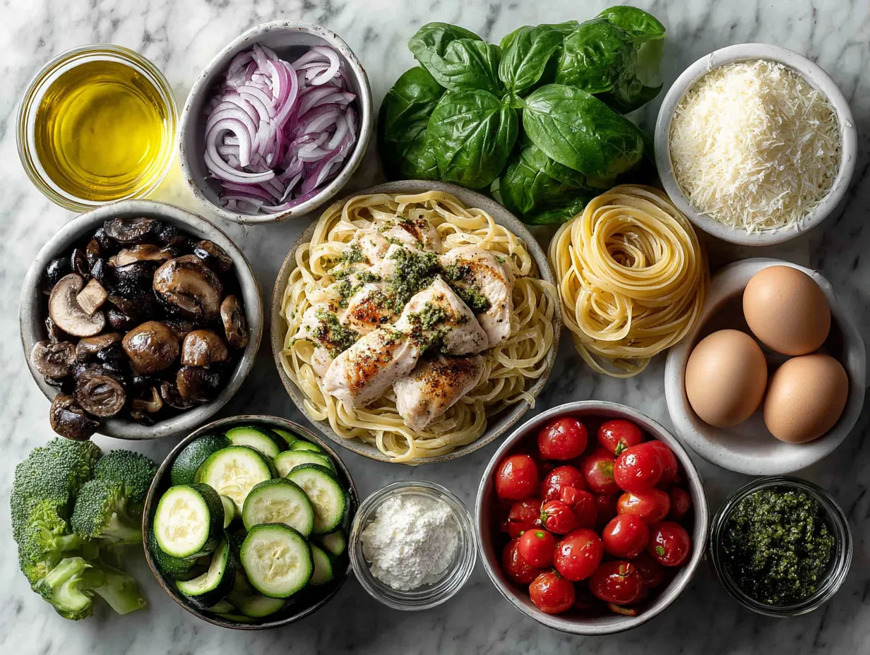 Ingredients for creamy summer pesto chicken pasta with low-calorie pesto sauce