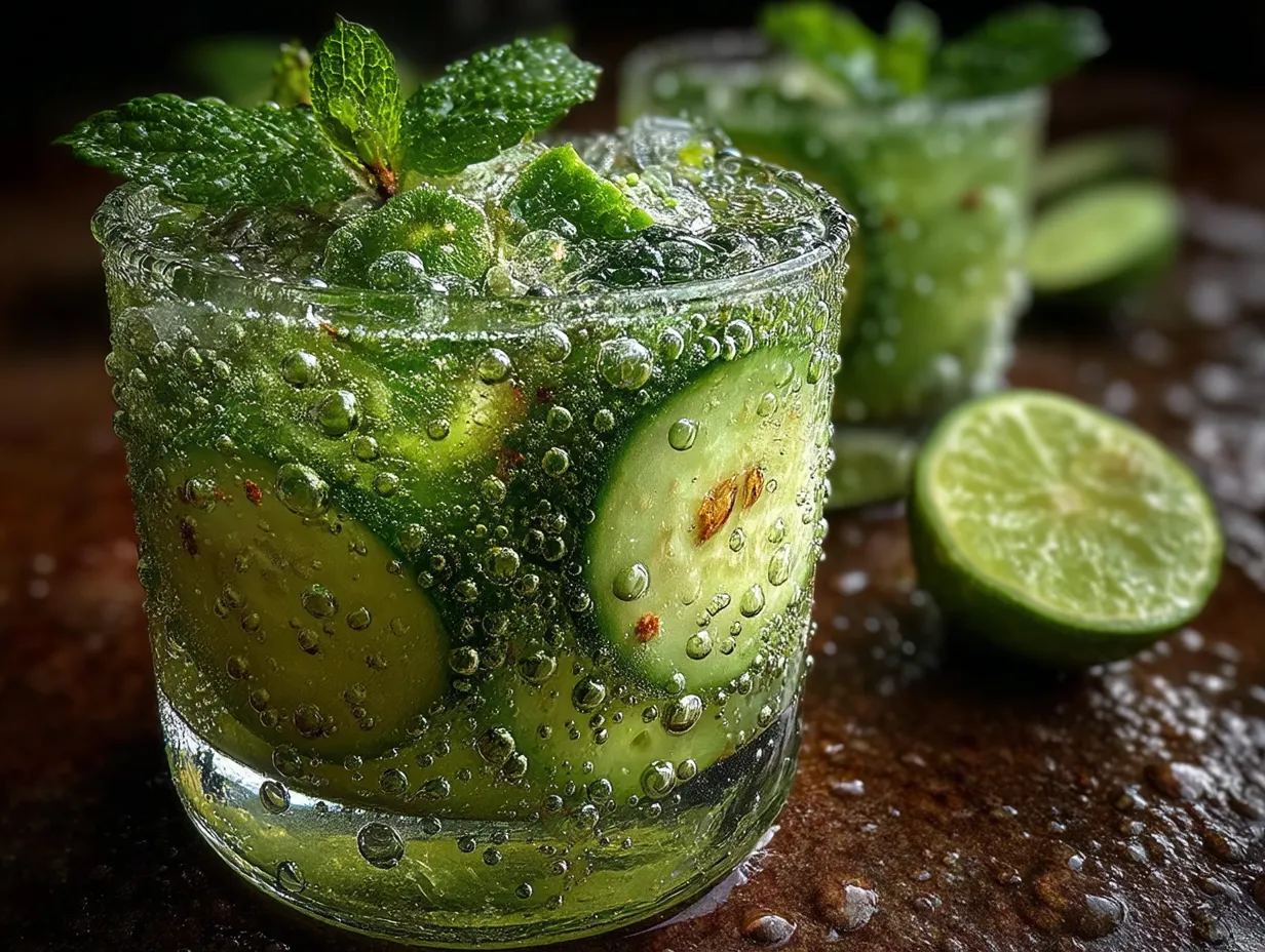 Refreshing glass of Cucumber Mint Sparkling Summer Drink garnished with cucumber slices and mint sprigs