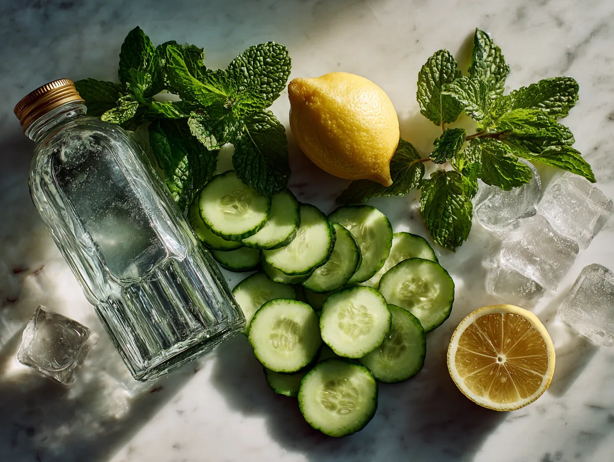 Ingredients for Cucumber Mint Sparkling Summer Drink including cucumber, mint leaves, lime, sparkling water, and honey