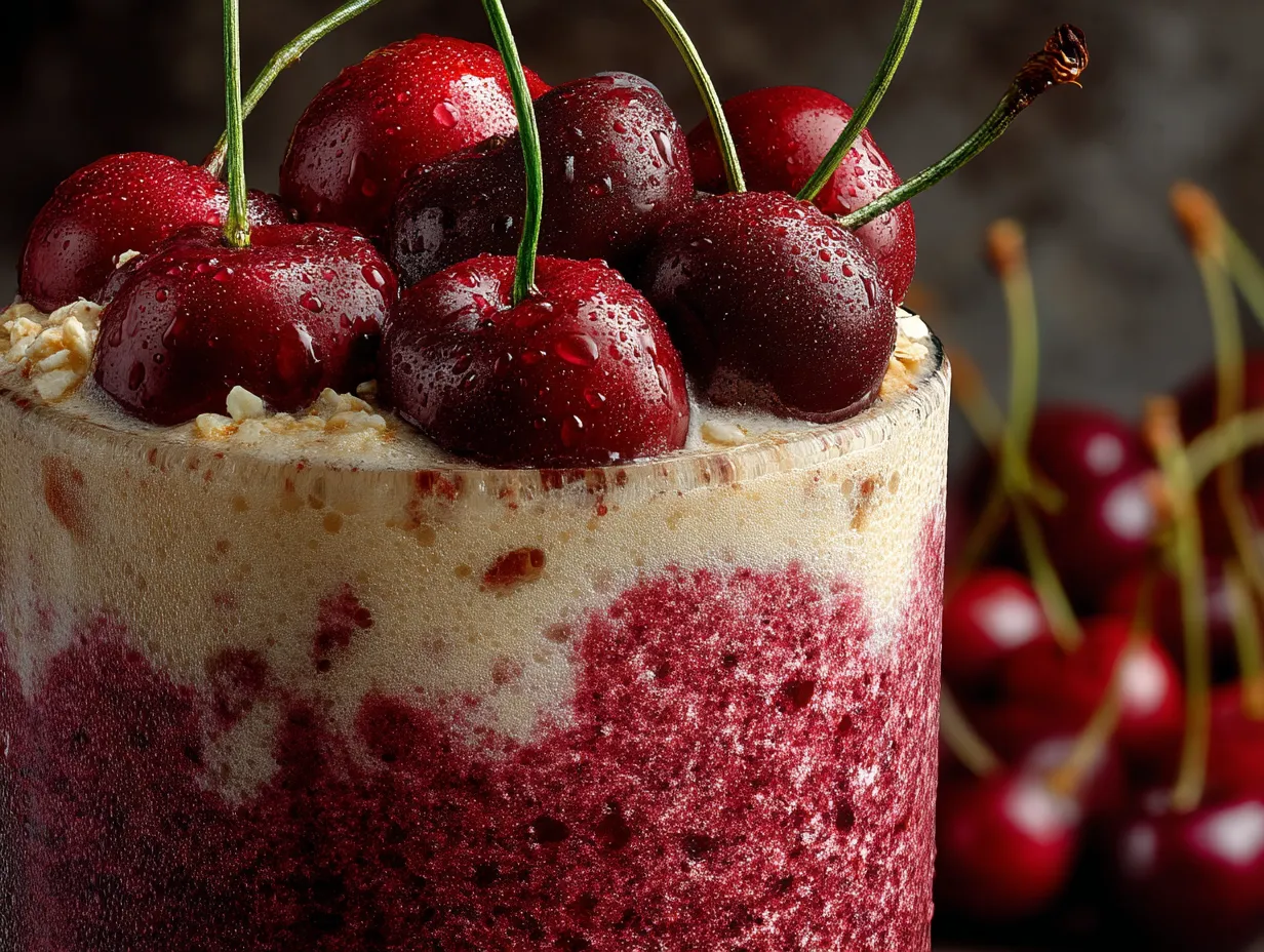 Fresh Cherry Almond Protein Smoothie served in a glass on a table with fresh cherries