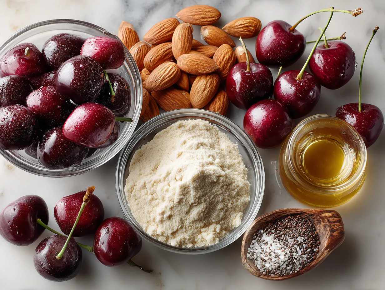 Ingredients for Fresh Cherry Almond Protein Smoothie including cherries, almond milk, protein powder, and almond butter