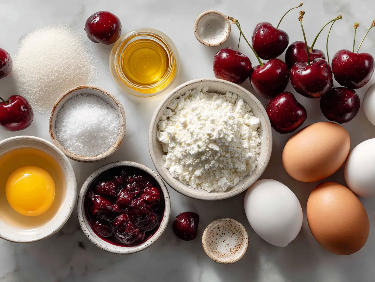 Ingredients for fresh cherry protein galette including fresh cherries, yogurt, flour, protein powder, and butter