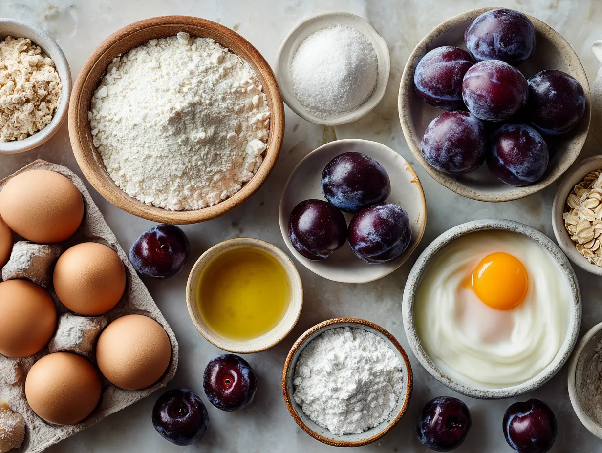 Ingredients for Fresh Plum Tart with Greek Yogurt Filling laid out on table