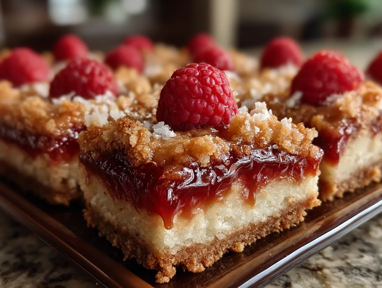 Fresh Raspberry Protein Crumb Bars served on a plate with fresh raspberries