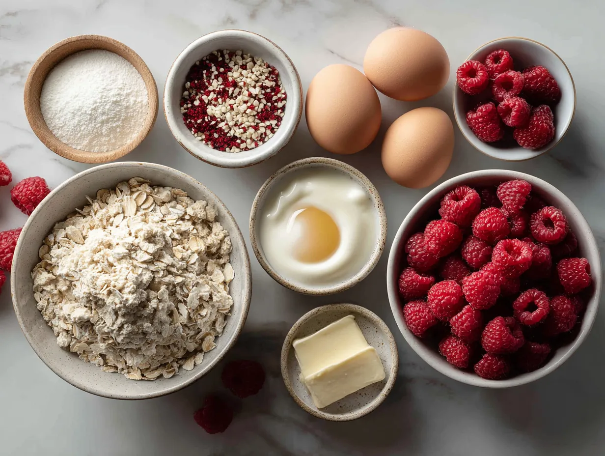 Ingredients for Fresh Raspberry Protein Crumb Bars including oats, flour, protein powder, raspberries