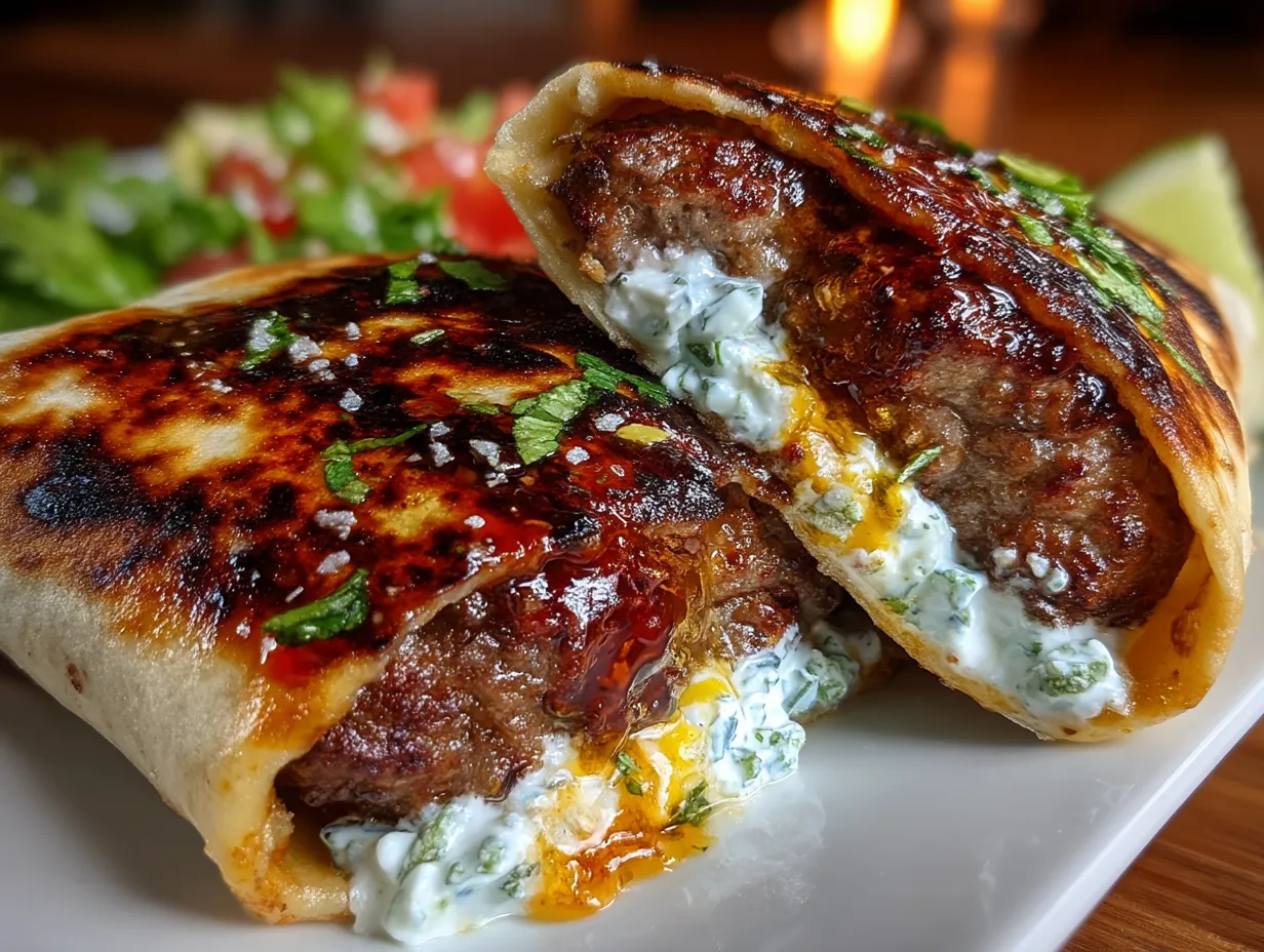 Served Grilled Beef Kofta Wraps with Tzatziki with fresh veggies