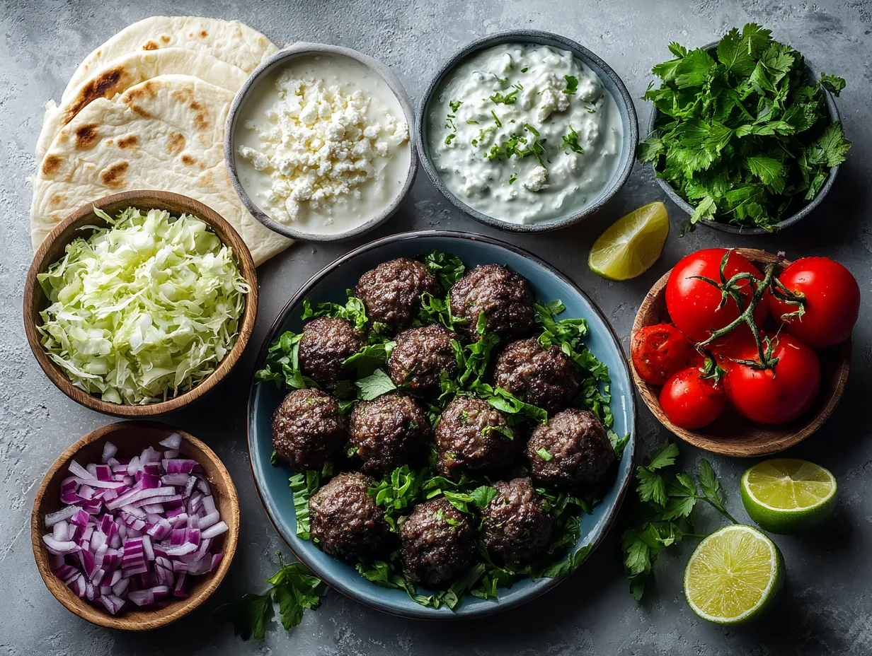 Ingredients laid out for Grilled Beef Kofta Wraps with Tzatziki