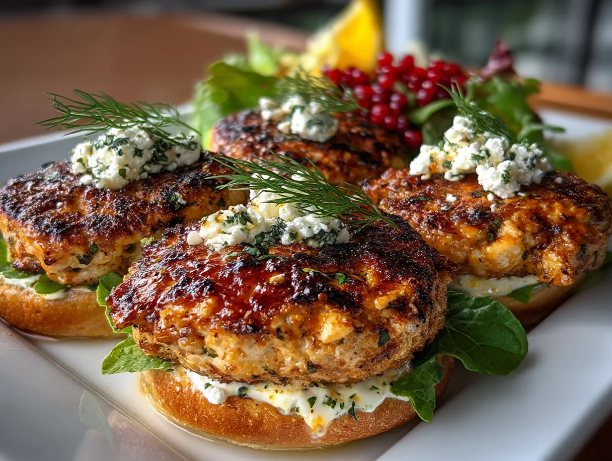 Grilled Herb Turkey Burgers with Feta served with fresh greens on rustic wooden board