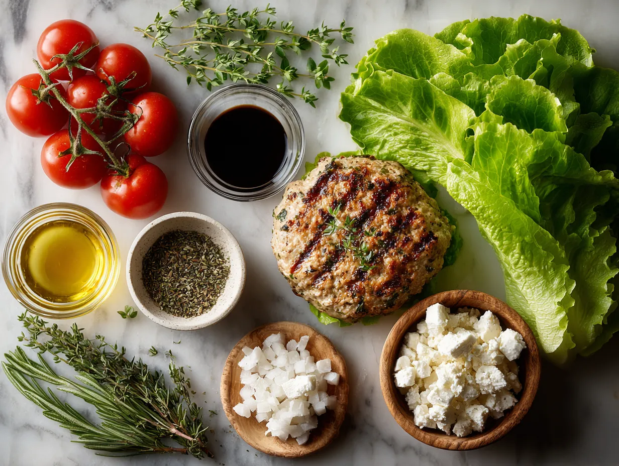 Ingredients for Grilled Herb Turkey Burgers with Feta laid out on wooden surface