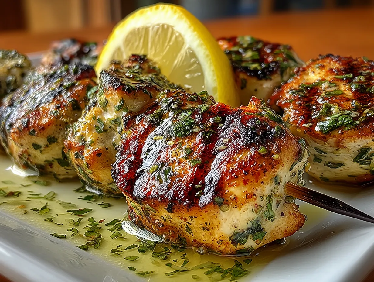 Serving Grilled Lemon Herb Chicken Kabobs on a platter with fresh lemon and herbs