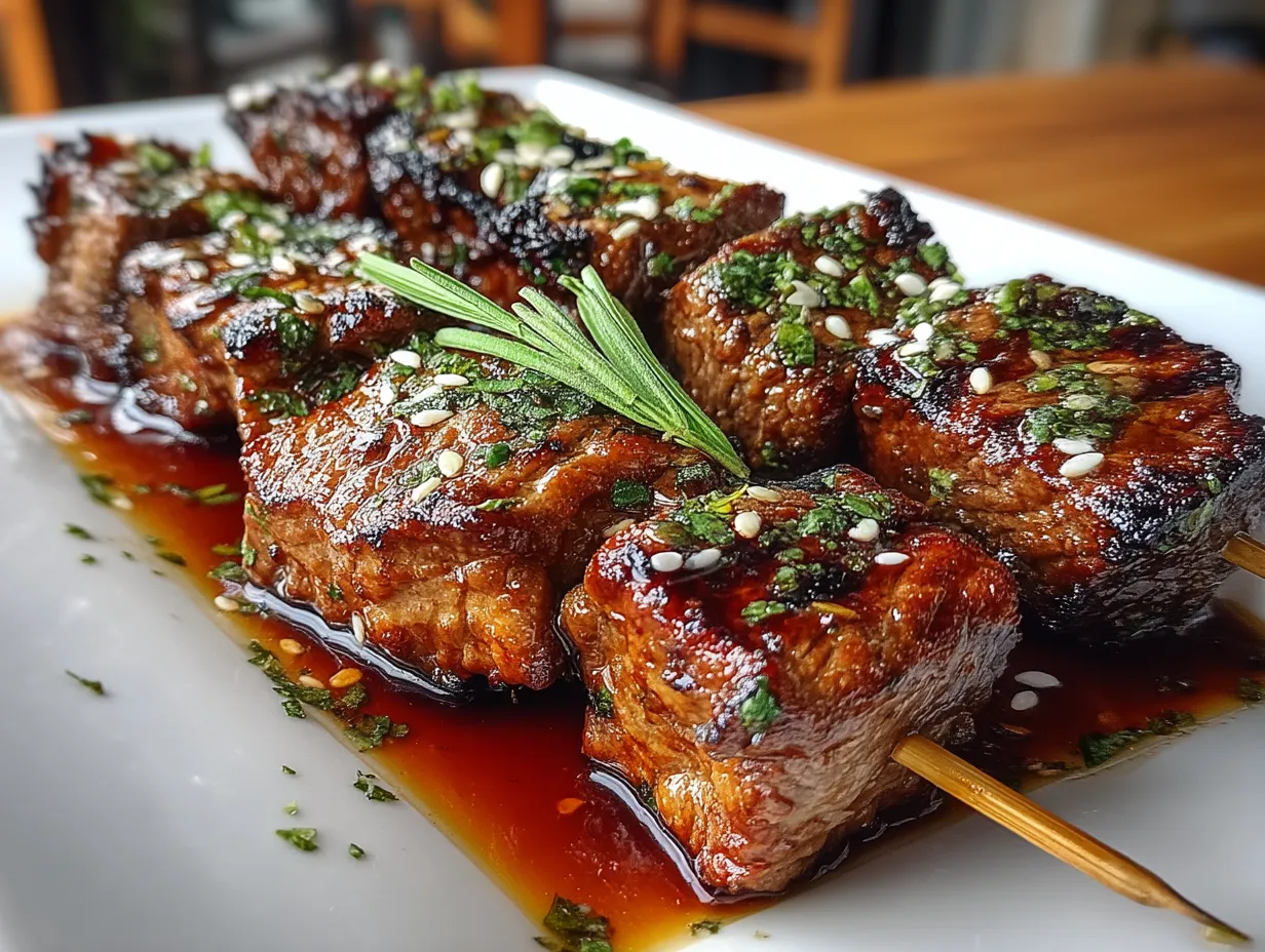 Plated Grilled Teriyaki Beef Skewers