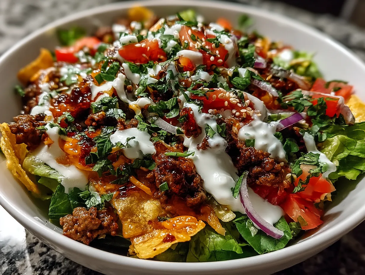 Served Ground Beef Taco Salad with Greek Yogurt Dressing ready to eat