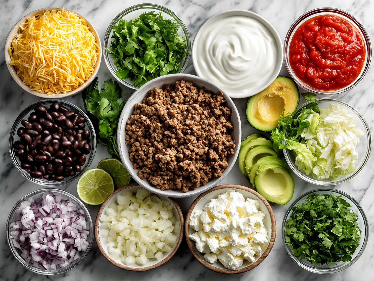Ingredients for Ground Beef Taco Salad with Greek Yogurt Dressing