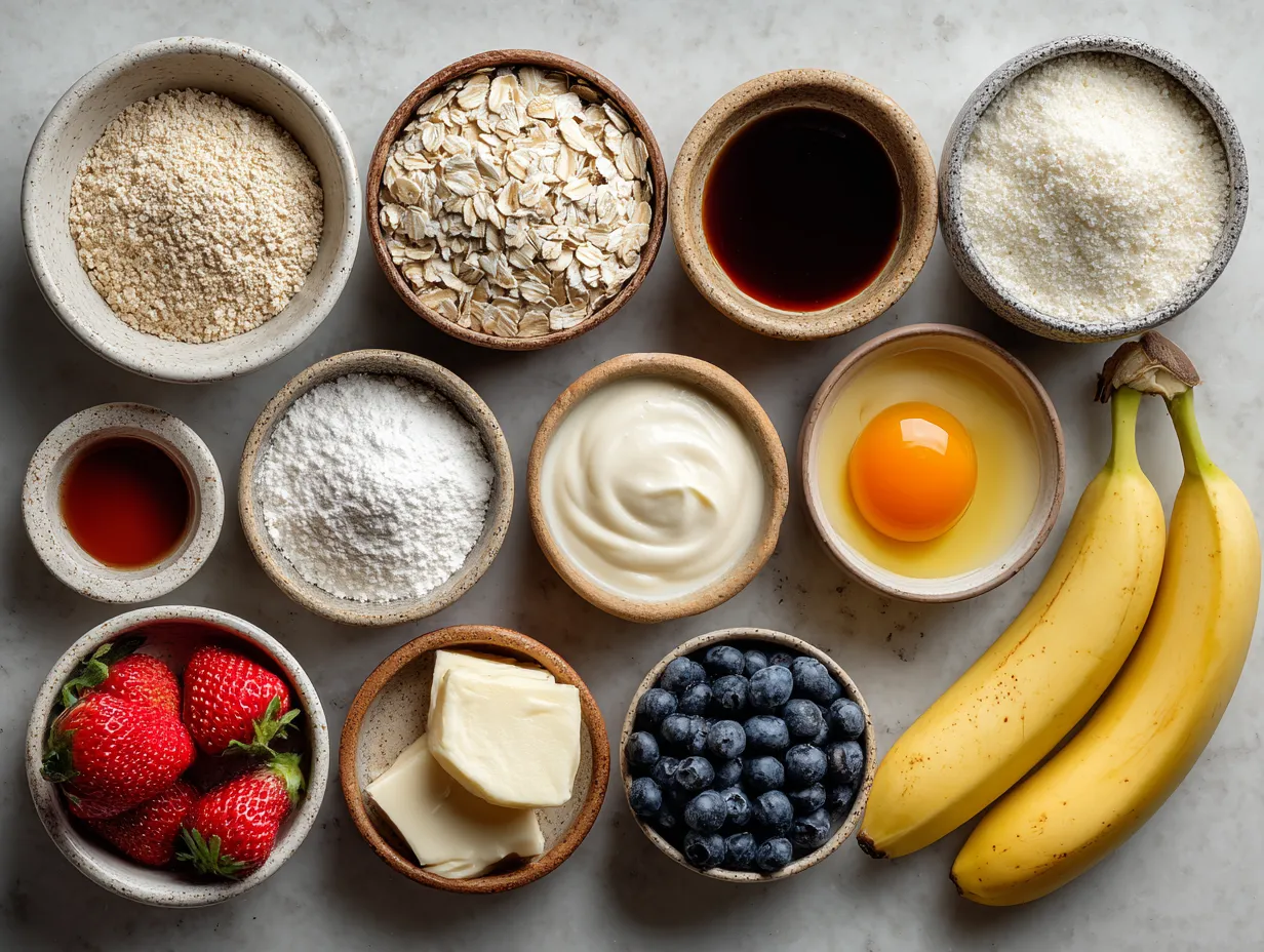 Ingredients for Healthy Banana Oat Blender Pancakes including bananas and rolled oats
