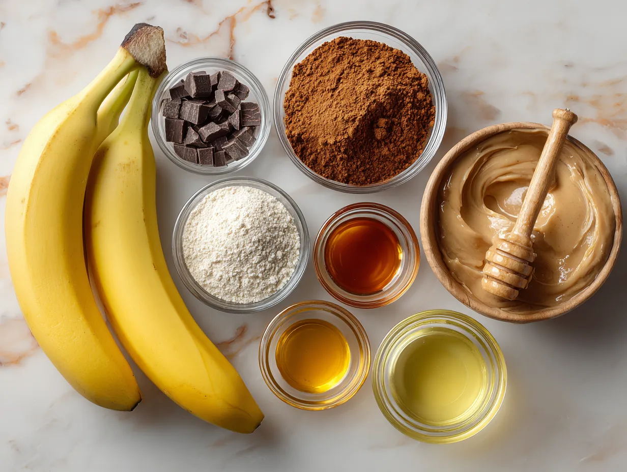 Ingredients for Healthy Frozen Banana Snickers including bananas, nut butter, nuts, dark chocolate, coconut oil and honey