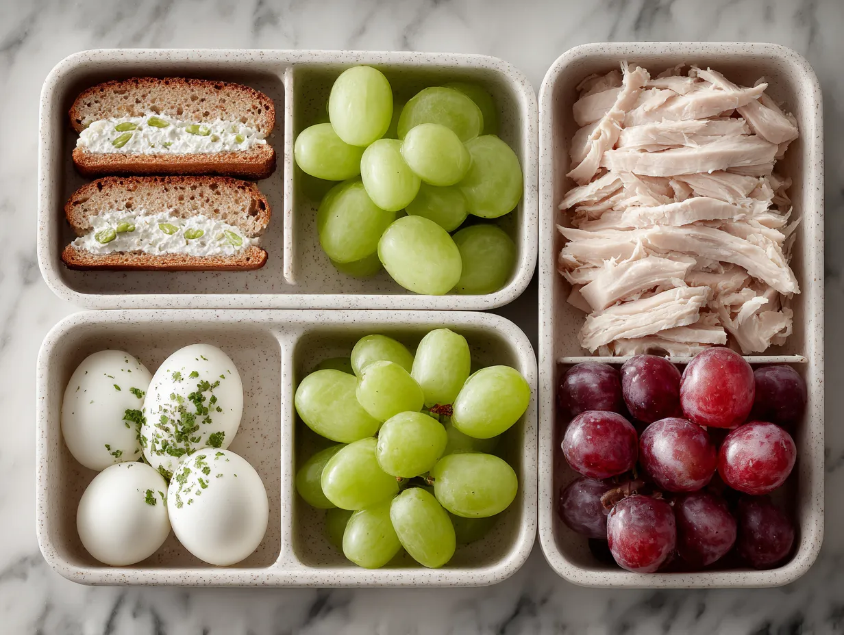 Ingredients for a Healthy School Lunch Bento Box like turkey, grapes, carrots, hummus, crackers, cheese, tomatoes, nuts, apples, and Greek yogurt