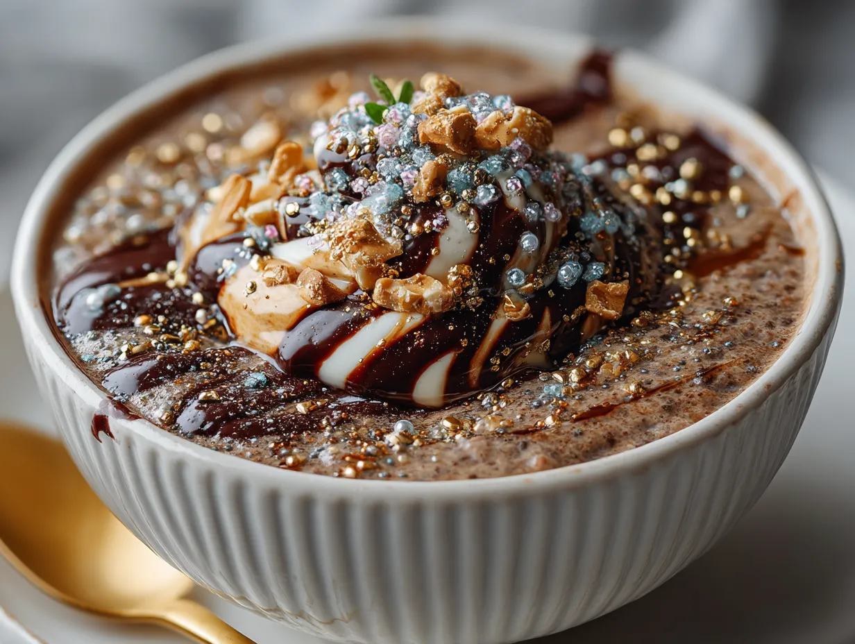 Serving High Protein Mocha Overnight Oats with toppings