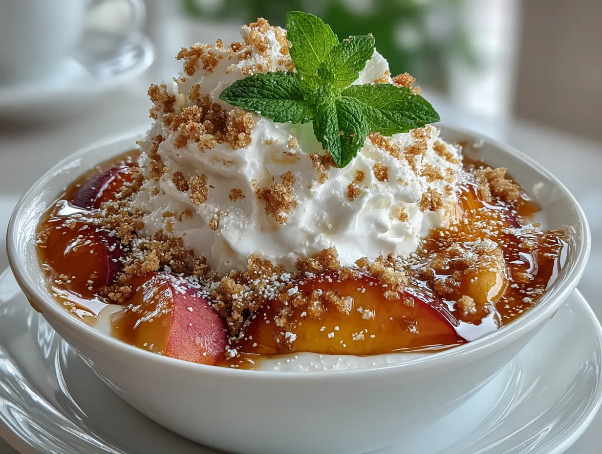 Served High Protein Peach and Honey Parfait in a glass jar with fresh peach slices
