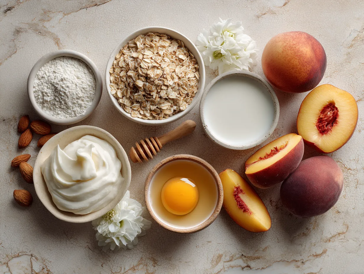 Ingredients laid out for High Protein Peach and Honey Parfait