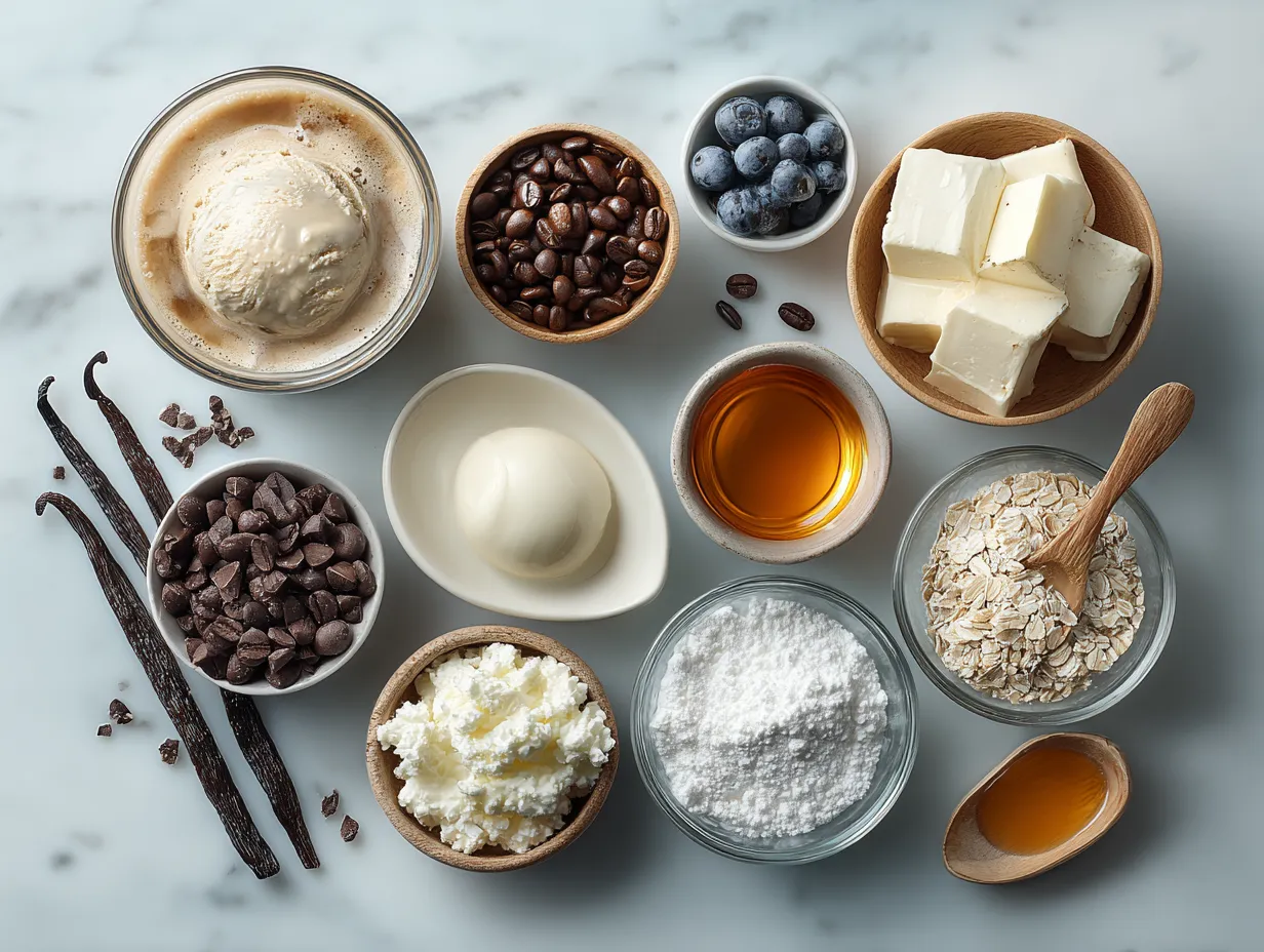 Ingredients for Iced Vanilla Protein Coffee: cold brewed coffee, milk alternatives, vanilla protein powder, vanilla extract, ice cubes, and sweetener