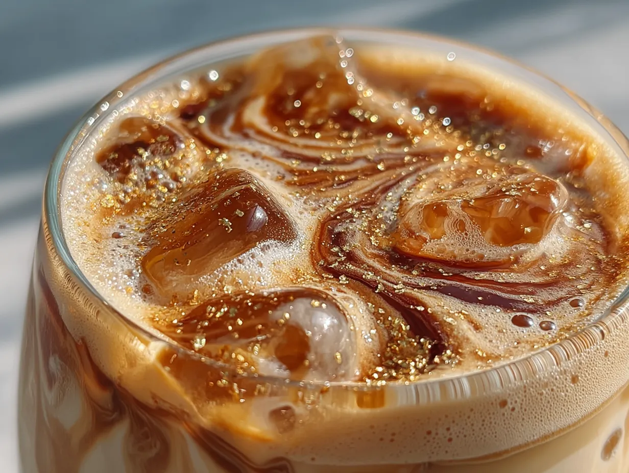 Serving Iced Vanilla Sweet Cream Protein Coffee in a clear glass with layers