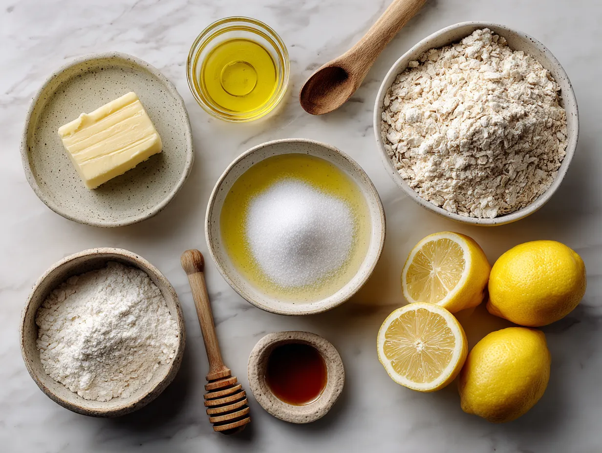 Ingredients for Lemon Bars with Oat Shortbread Crust laid out on a countertop