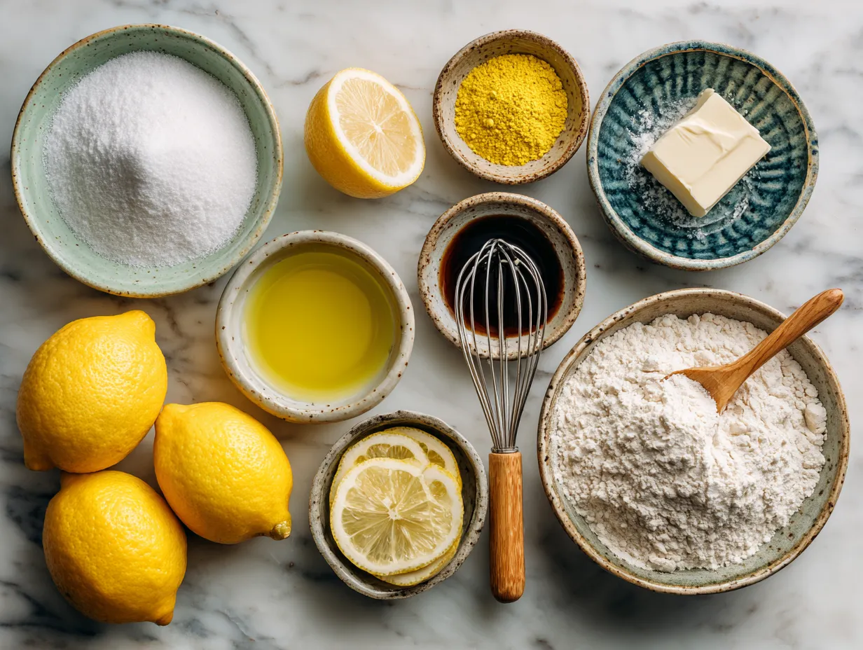 Ingredients for Lemon Zest Healthy Sugar Cookies arranged on a wooden surface