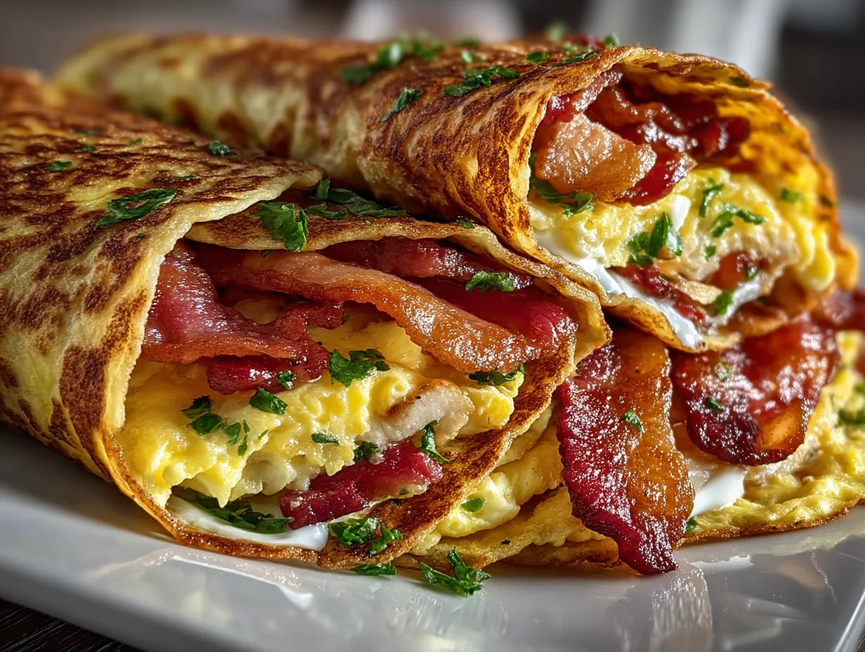 Prepared low calorie turkey bacon egg wraps served on a plate
