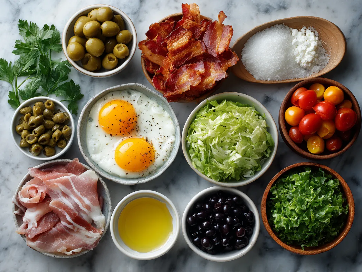 Ingredients laid out for low calorie turkey bacon egg wraps