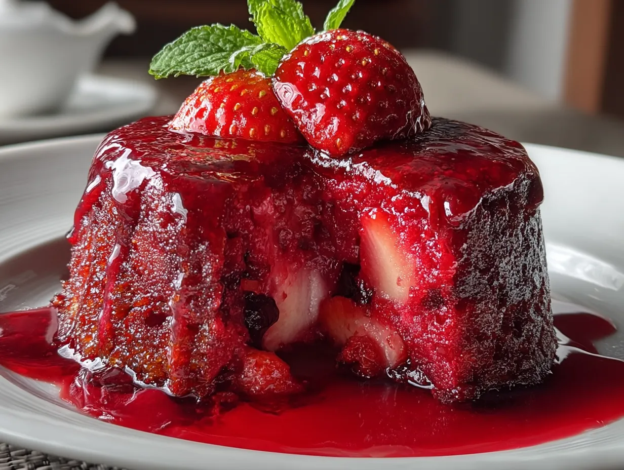 Served Mixed Berry Summer Pudding Light with fresh mint garnish