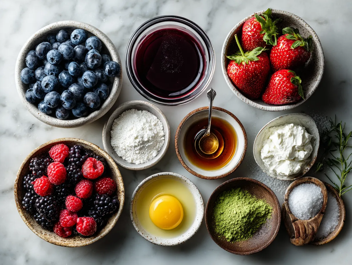 Ingredients for Mixed Berry Summer Pudding Light, including mixed berries, sugar, lemon, bread