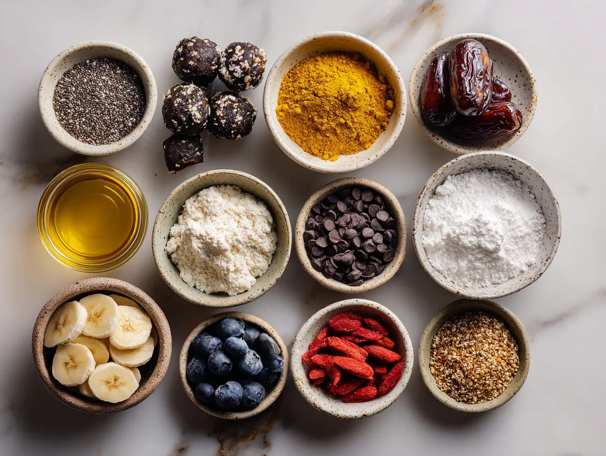 Ingredients for nut-free energy bites laid out on a wooden surface