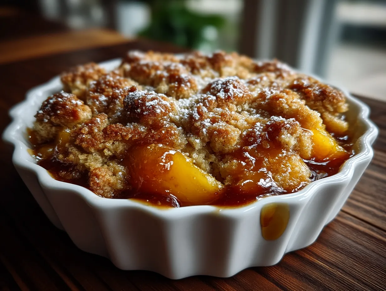 Serving fresh peach crisp with a garnish