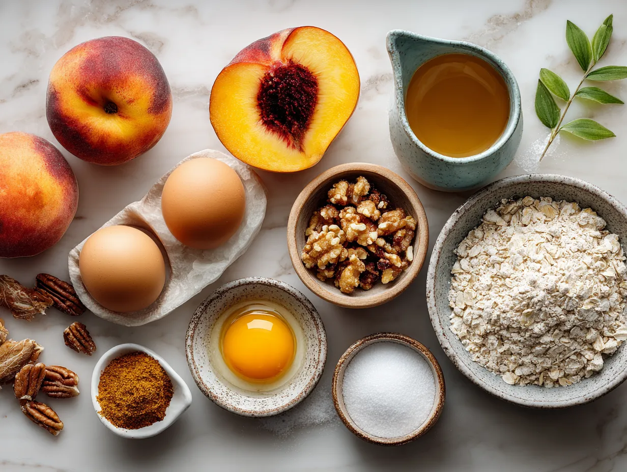 Ingredients laid out for Old-Fashioned Fresh Peach Crisp low sugar recipe