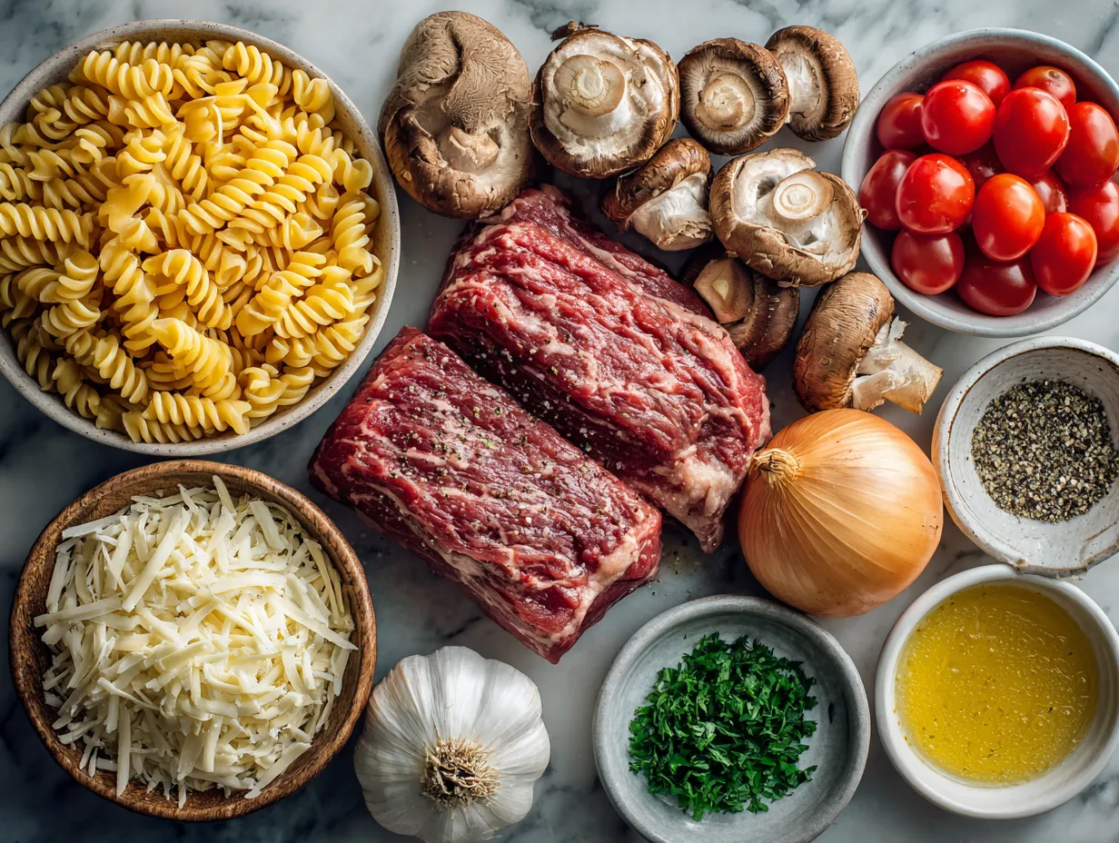 Ingredients for One-Pot Beef Macaroni Casserole Light