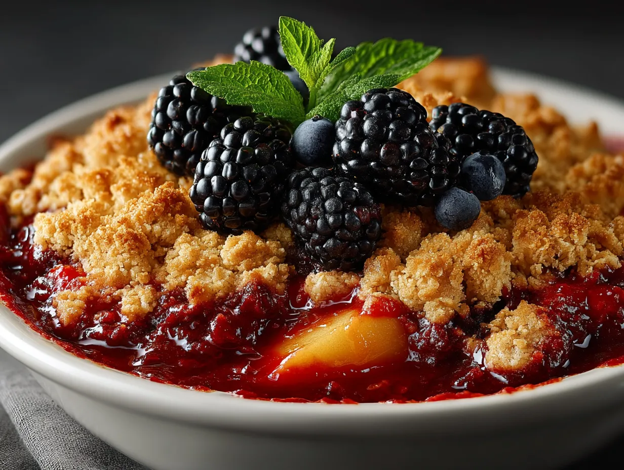 Serving Peach and Blackberry Summer Crumble with ice cream and fresh mint