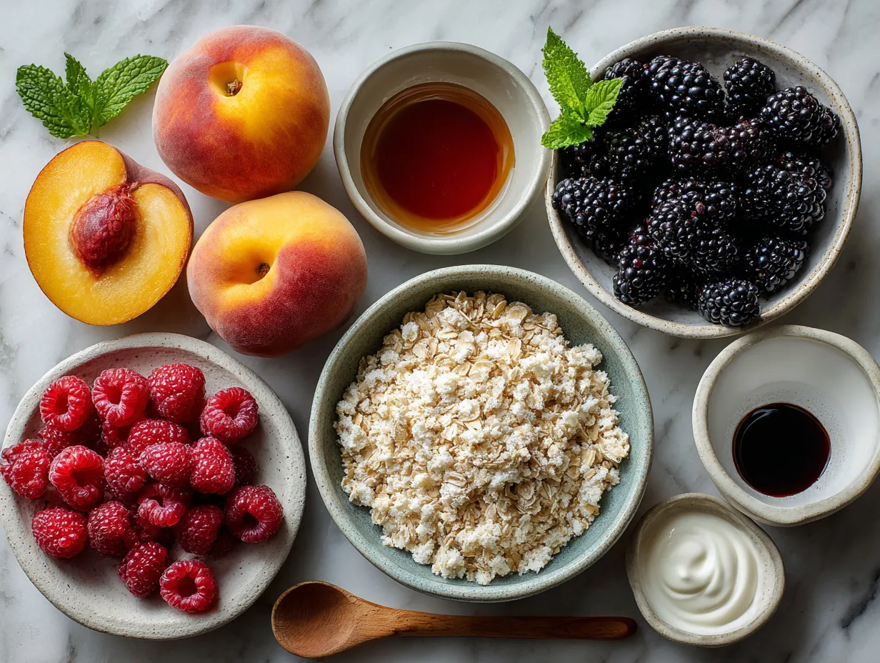 Ingredients for Peach and Blackberry Summer Crumble including peaches, blackberries, flour, oats, and brown sugar