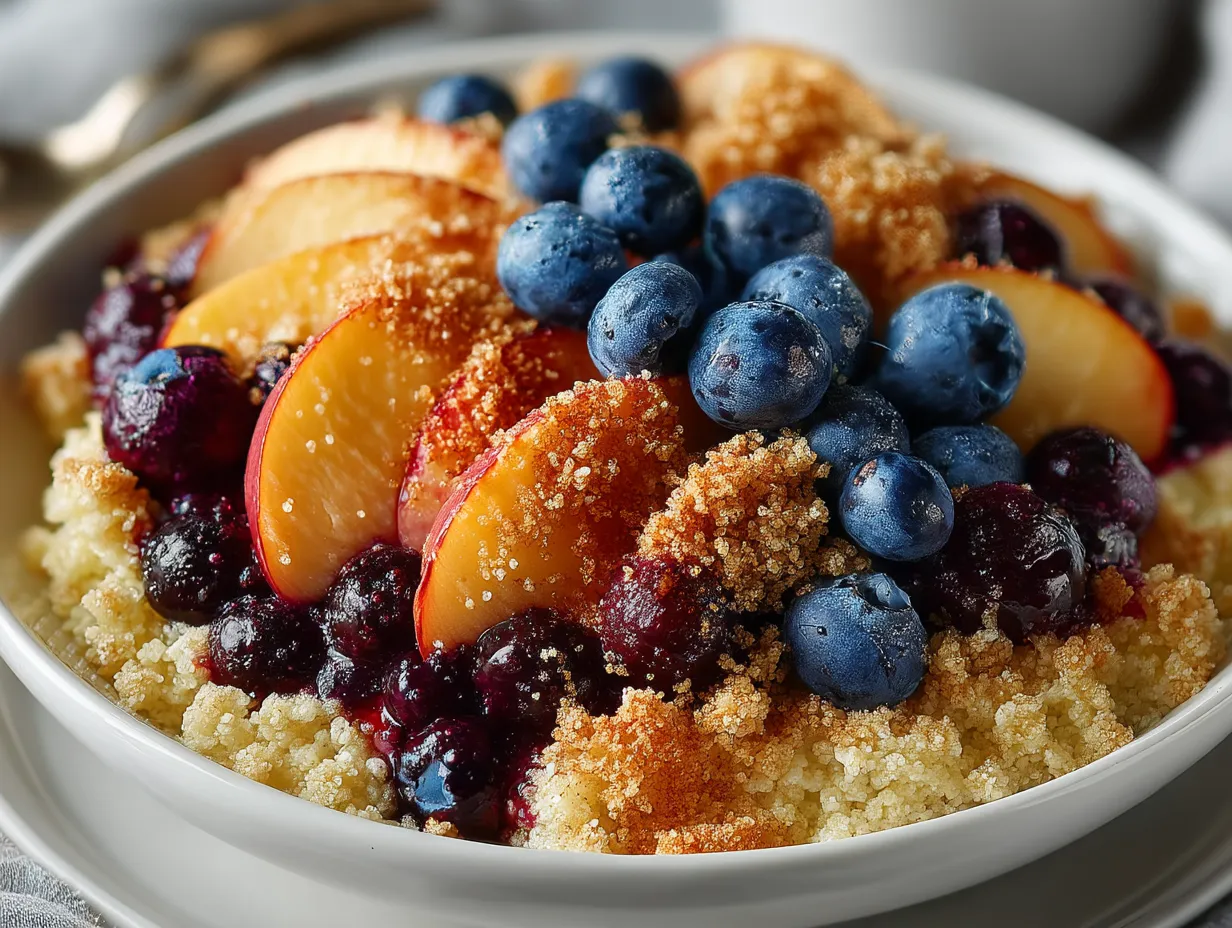 Serving suggestion of Peach and Blueberry Baked Protein Oats with yogurt and nuts