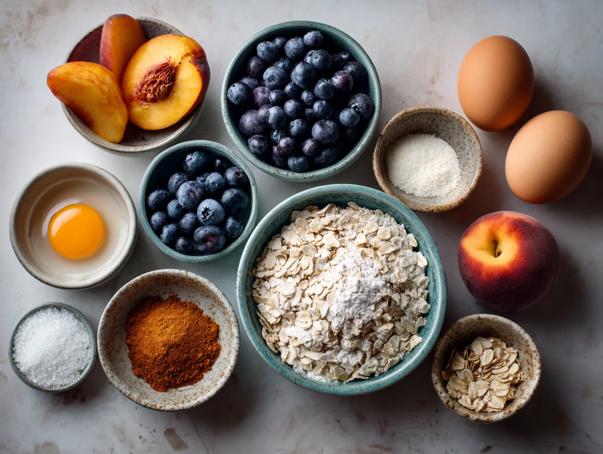 Ingredients for Peach and Blueberry Baked Protein Oats laid out on a kitchen counter