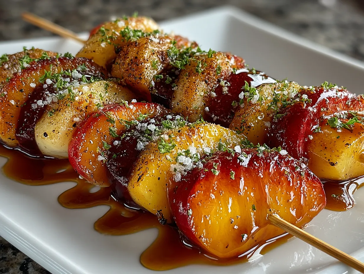 A platter of finished Peach Honey Fruit Skewers ready to serve