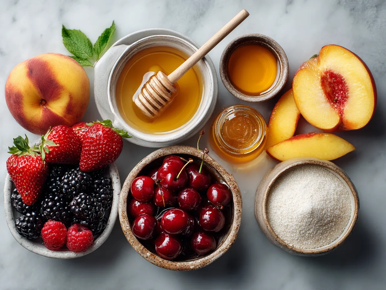 Ingredients laid out for Peach Honey Fruit Skewers: peaches, strawberries, grapes, pineapple, honey, lemon juice, and skewers