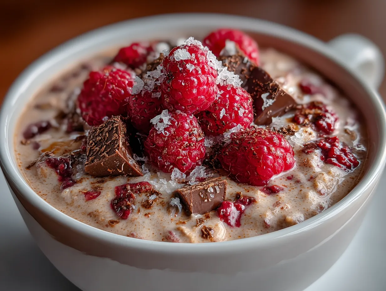 Delicious serving of Raspberry Dark Chocolate Overnight Oats ready for breakfast