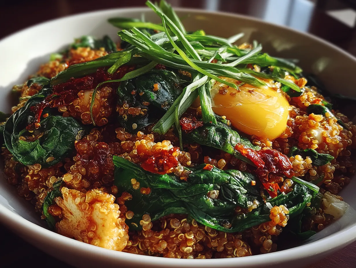 A bowl of savory breakfast quinoa with spinach garnished with fresh herbs.